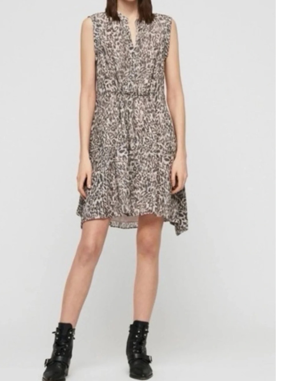 All Saints  Sleeveless Leopard-Print Tie-Waist Dress in taupe and charcoal